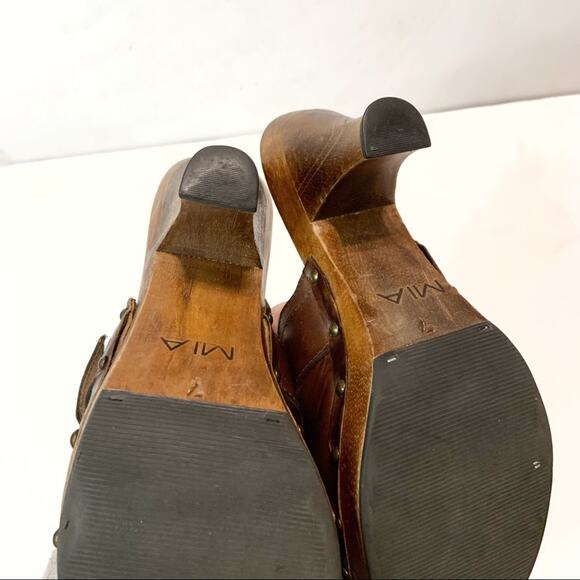 MIA Brown Leather Wooden Heel Mule Clogs Size 7 - Picture 5 of 8